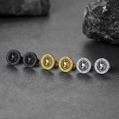 Viking Wolf Head Stud Earrings with Runes For Men