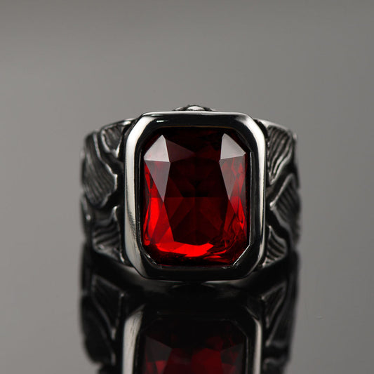 Anel vintage de rubi lava em aço inoxidável masculino