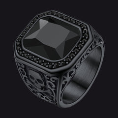 Anel de sinete gótico de ônix preto com caveira masculina