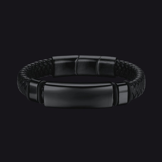Pulseira de couro trançado preto gravado personalizada