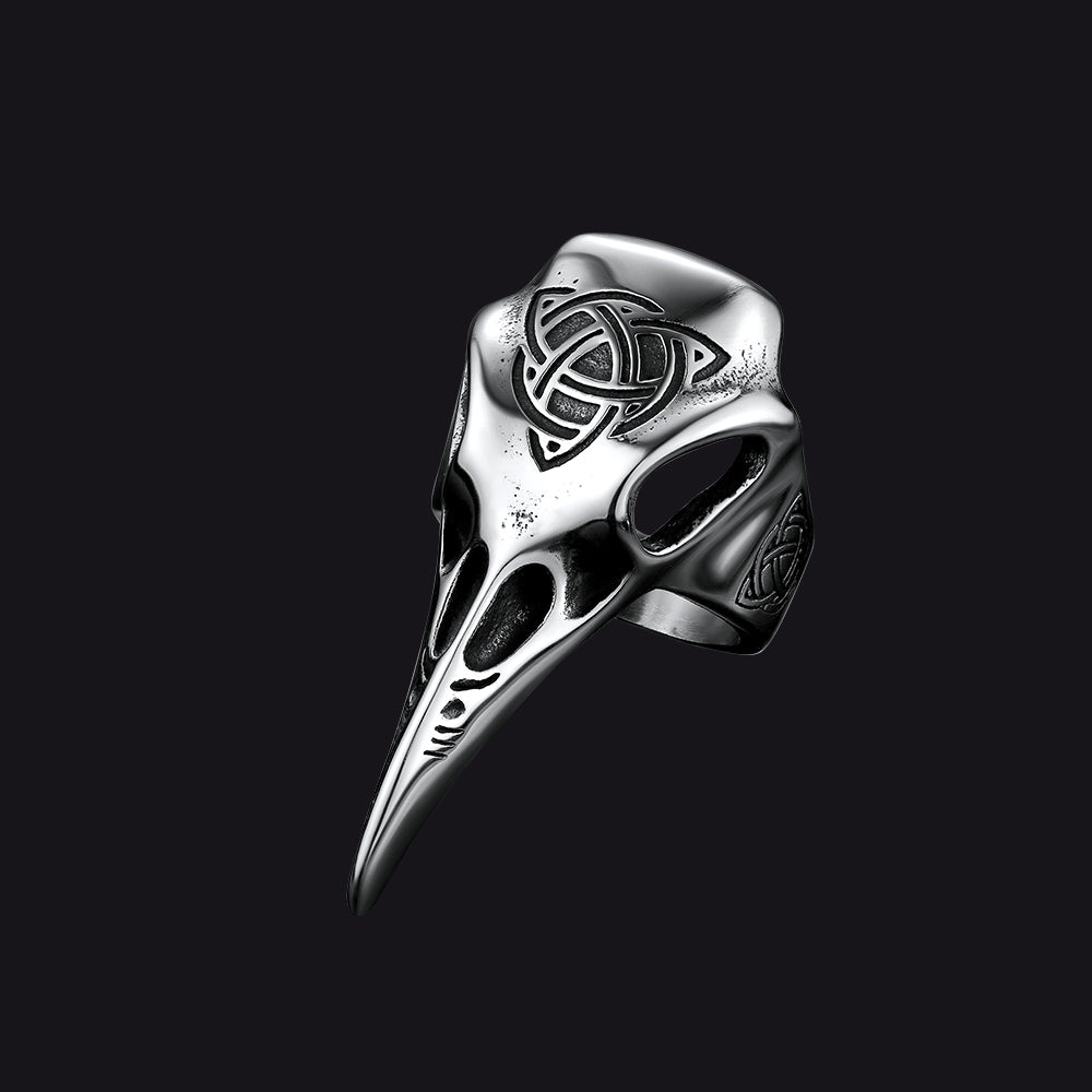 Anel de caveira de corvo viking com nó celta masculino