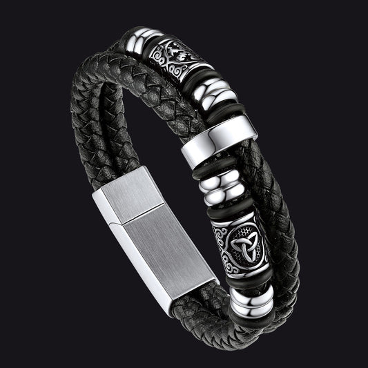 Pulseira Viking de Couro Trançado Gravado em Preto