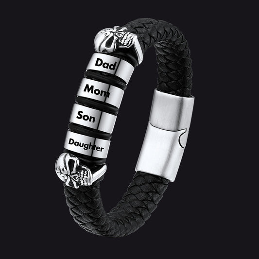 Personalisiertes Namensperlen-Lederarmband mit Totenkopf