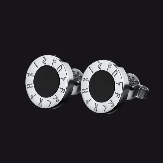 Schwarze Onyx-Ohrstecker mit Wikinger-Runen in Sterlingsilber