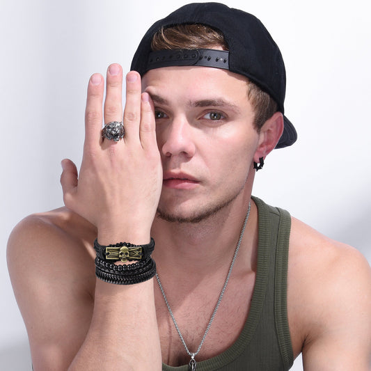 Multi Skull Braided Leather Rope Wristband Gift Son Bracelet