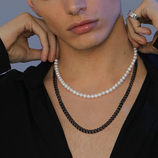 Freshwater Pearl & Cuban Link Chain Necklace For Men Women