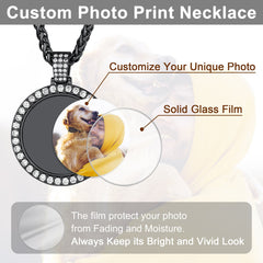 Colar com pingente de foto personalizado em círculo com zircônia cúbica masculina