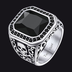 Anel de sinete gótico de ônix preto com caveira masculina