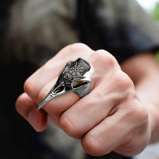 Anel de Caveira de Corvo Viking Bússola Masculino