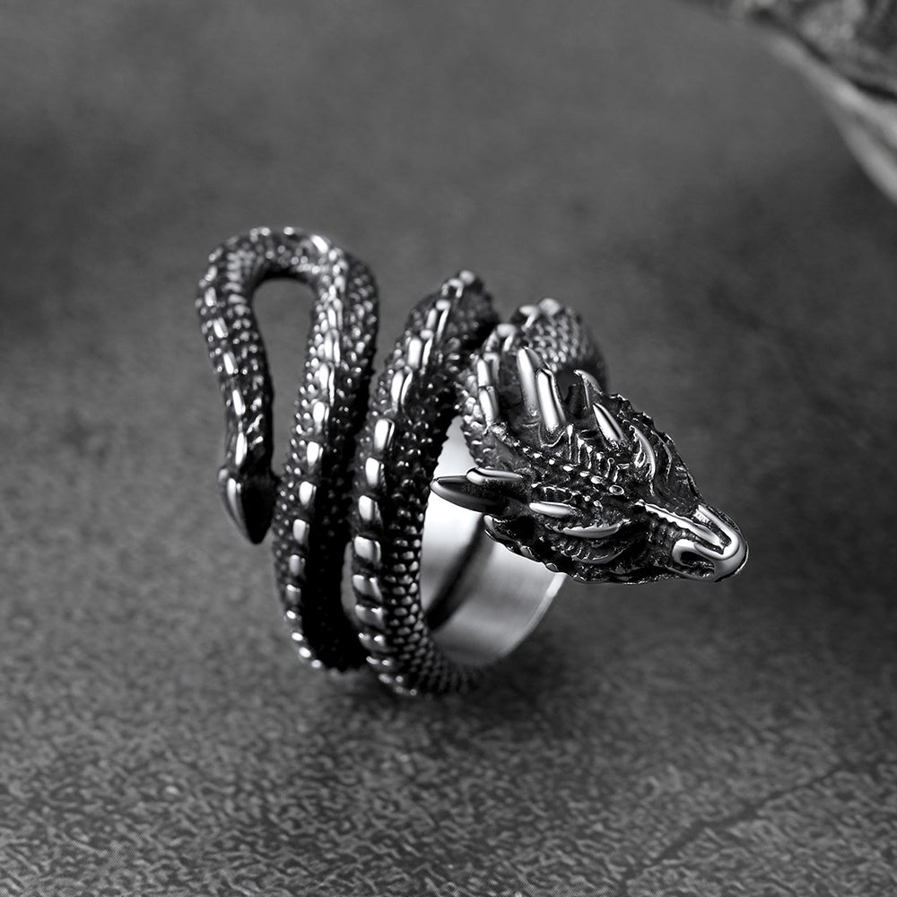 Anel de aço inoxidável com dragão espiral punk para homens e mulheres
