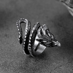 Anel de aço inoxidável com dragão espiral punk para homens e mulheres