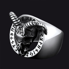 Satanic Goat Skull Ring Viking Runes Men