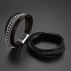 Pulseira de couro trançado preto personalizada com corrente Son