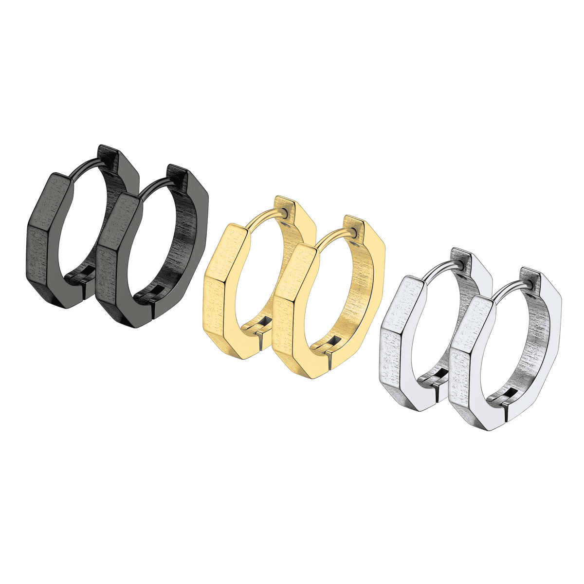 Punk Octagon Piercing Huggie Hoop Earrings Set For Men 3 Pairs