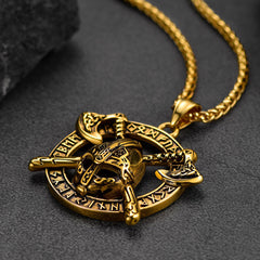 Viking Axe Helmet Pendant Necklace Men Runes
