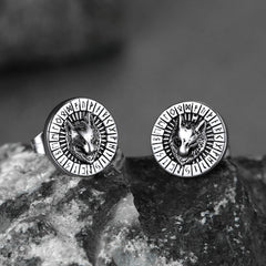 Viking Wolf Head Stud Earrings with Runes For Men