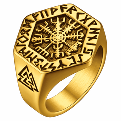 Anel Viking Hexágono Bússola Runas Masculino