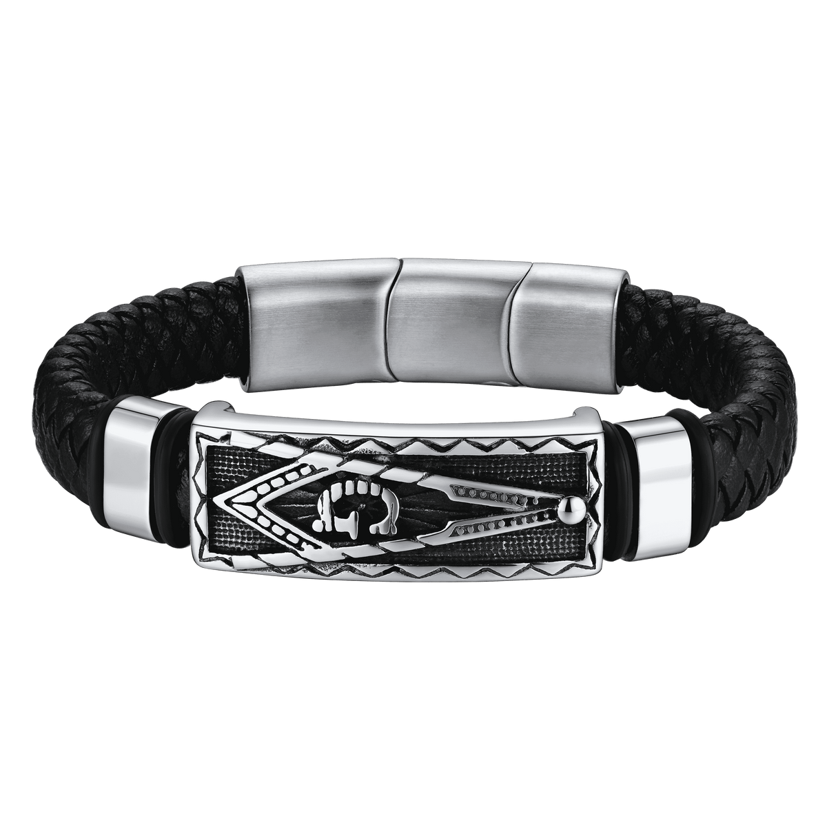 Pulseira Maçônica de Couro Preto Trançado com Bússola e Pai e Marido