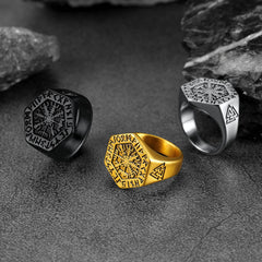 Anel Viking Hexágono Bússola Runas Masculino
