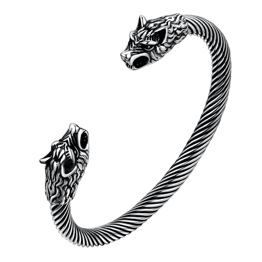 Pulseira com anel e punho de cabeça de lobo viking