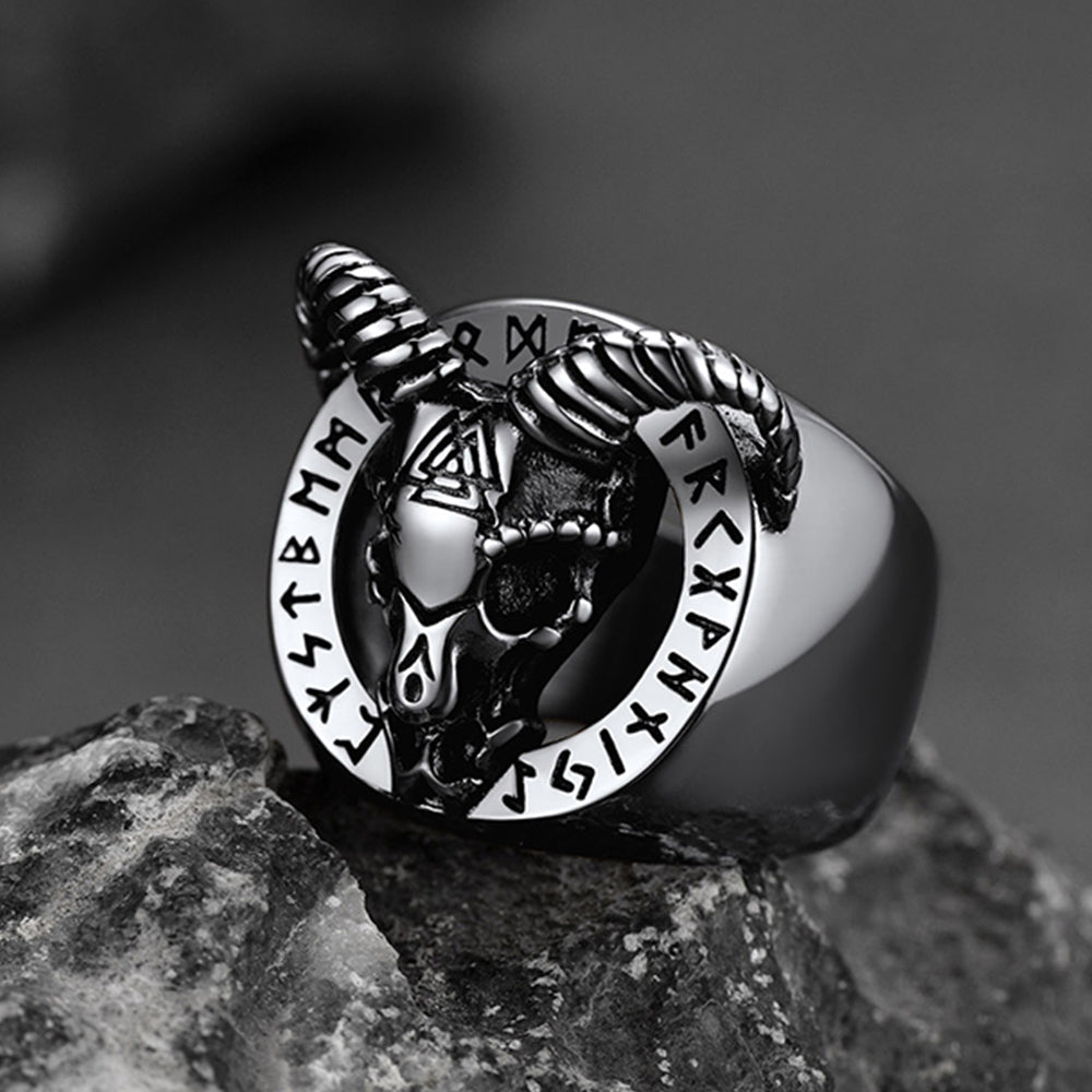 Satanic Goat Skull Ring Viking Runes Men