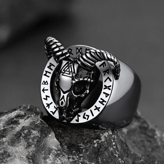 Satanic Goat Skull Ring Viking Runes Men