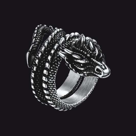 Anel de aço inoxidável com dragão espiral punk para homens e mulheres