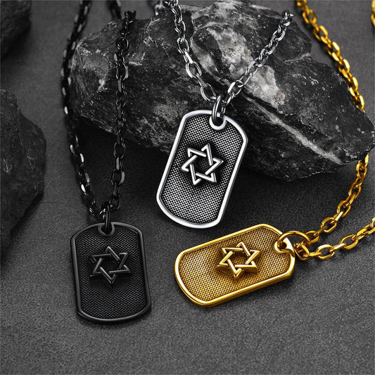 Colar masculino com placa de identificação com estrela de David judaica gravada