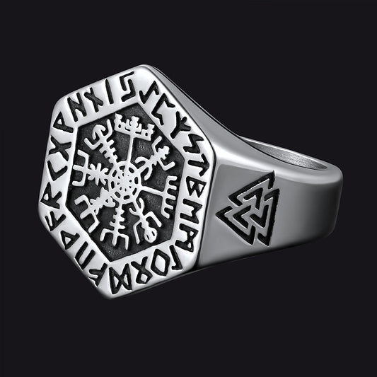 Anel Viking Hexágono Bússola Runas Masculino