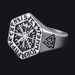 Anel Viking Hexágono Bússola Runas Masculino