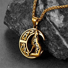 Colar com pingente de lobo celta viking lua crescente masculino