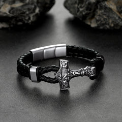 Pulseira de couro trançado Viking Thors Hammer Mjolnir para presente
