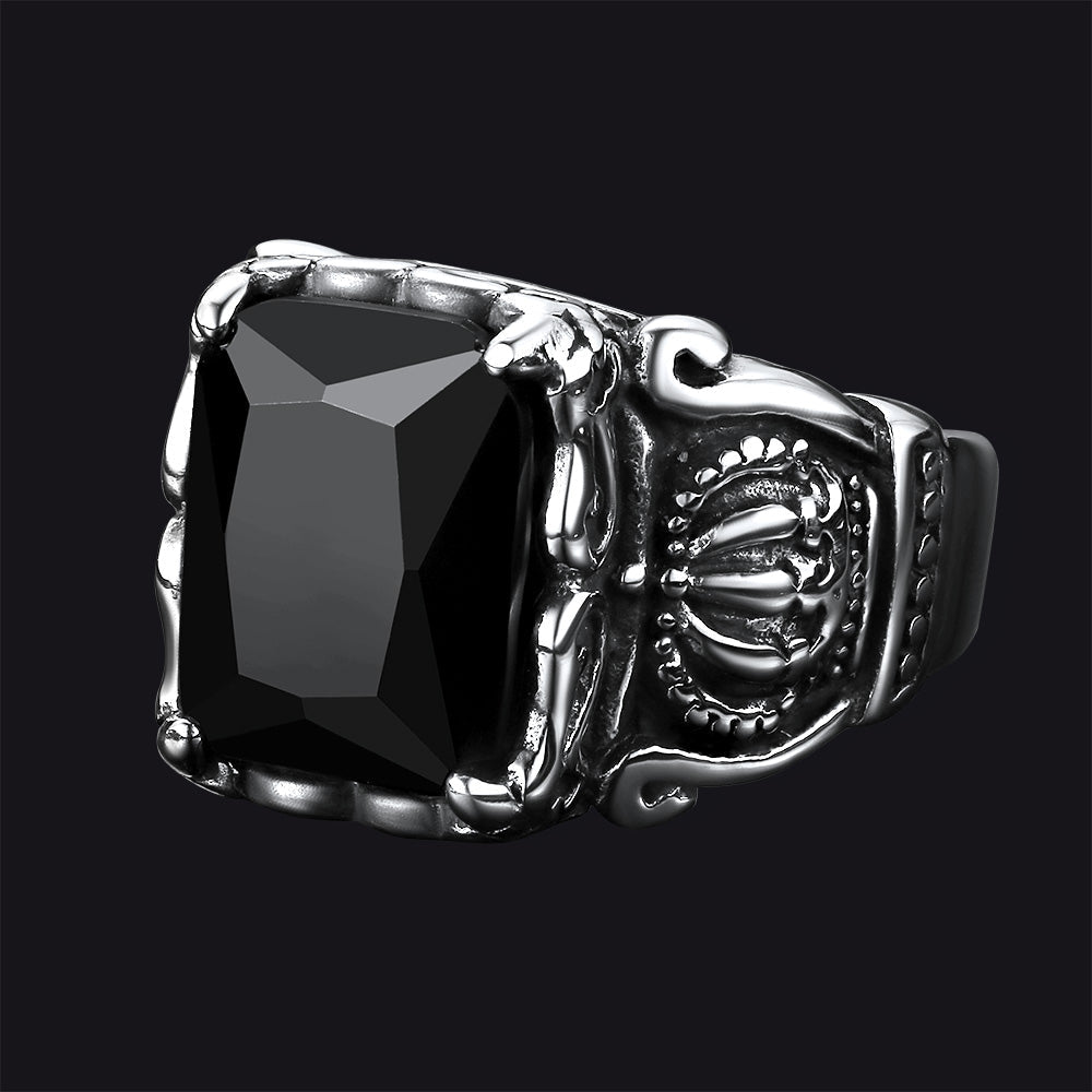 Anel Masculino de Ônix Preto com Coroa de Cristal