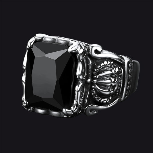 Anel Masculino de Ônix Preto com Coroa de Cristal