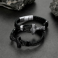 Pulseira de couro trançado Viking Thors Hammer Mjolnir para presente