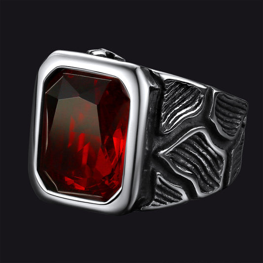 Anel vintage de rubi lava em aço inoxidável masculino