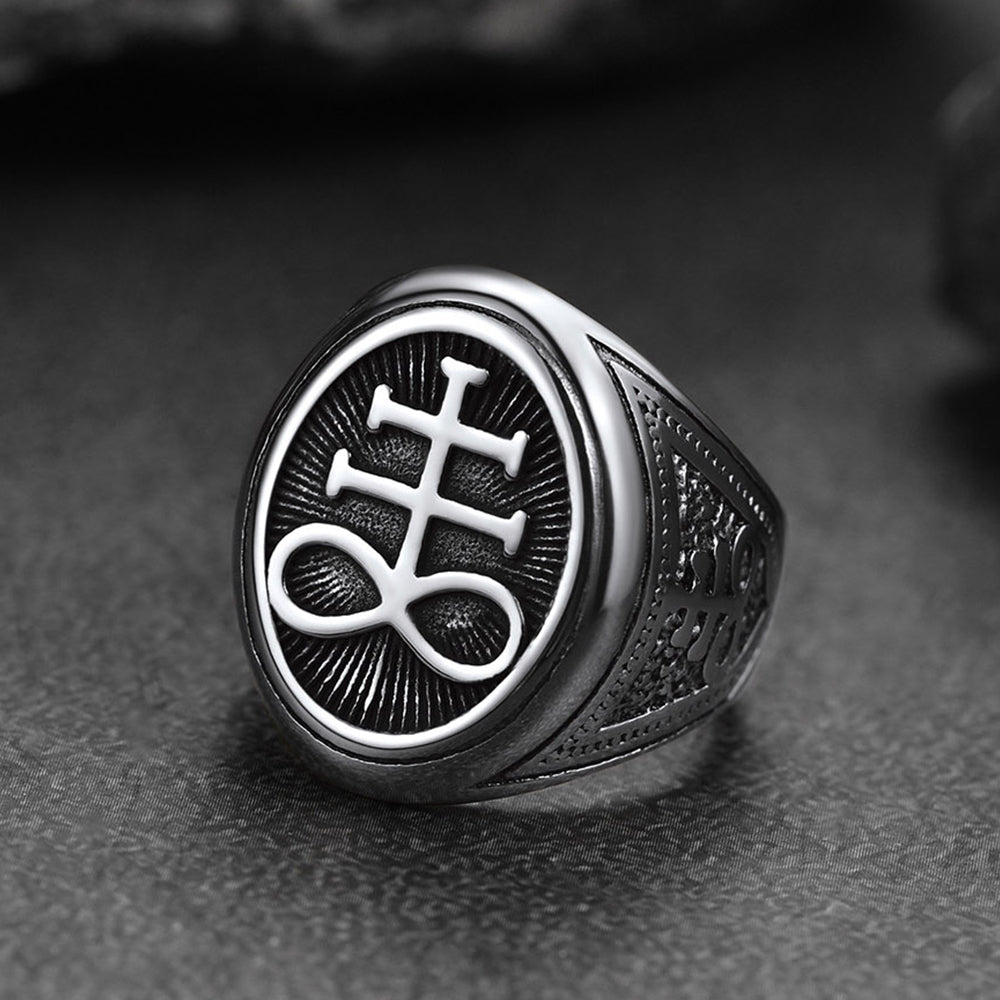 Satanic Leviathan Cross Signet Ring Men