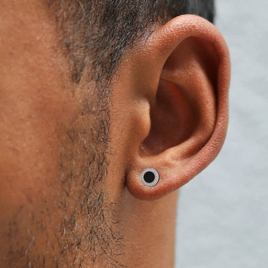 Schwarze Onyx-Diamant-Ohrstecker für Herren, Sterlingsilber