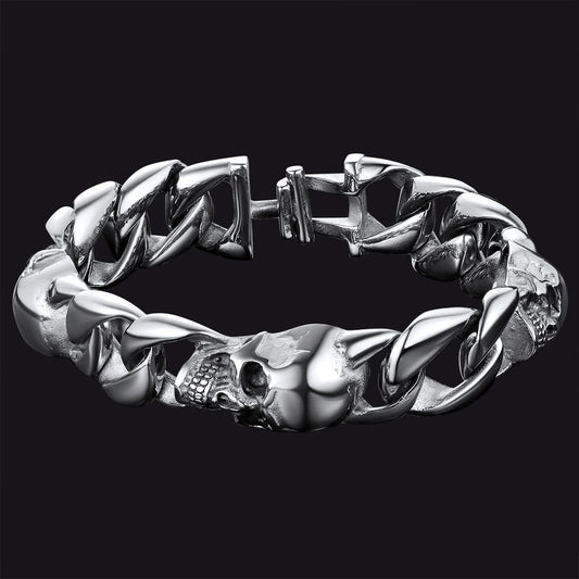 Pulseira de corrente cubana com caveira gótica