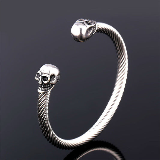 Twin Skull Cuff Twisted Cable Bangle Bracelet