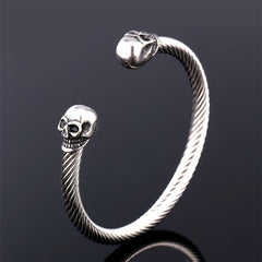 Twin Skull Cuff Twisted Cable Bangle Bracelet