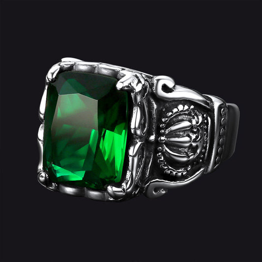 Vintage Crystal Crown Green Emerald Ring Men