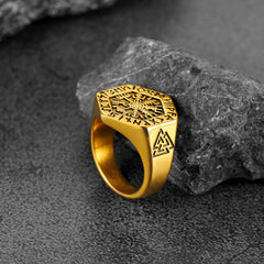 Anel Viking Hexágono Bússola Runas Masculino