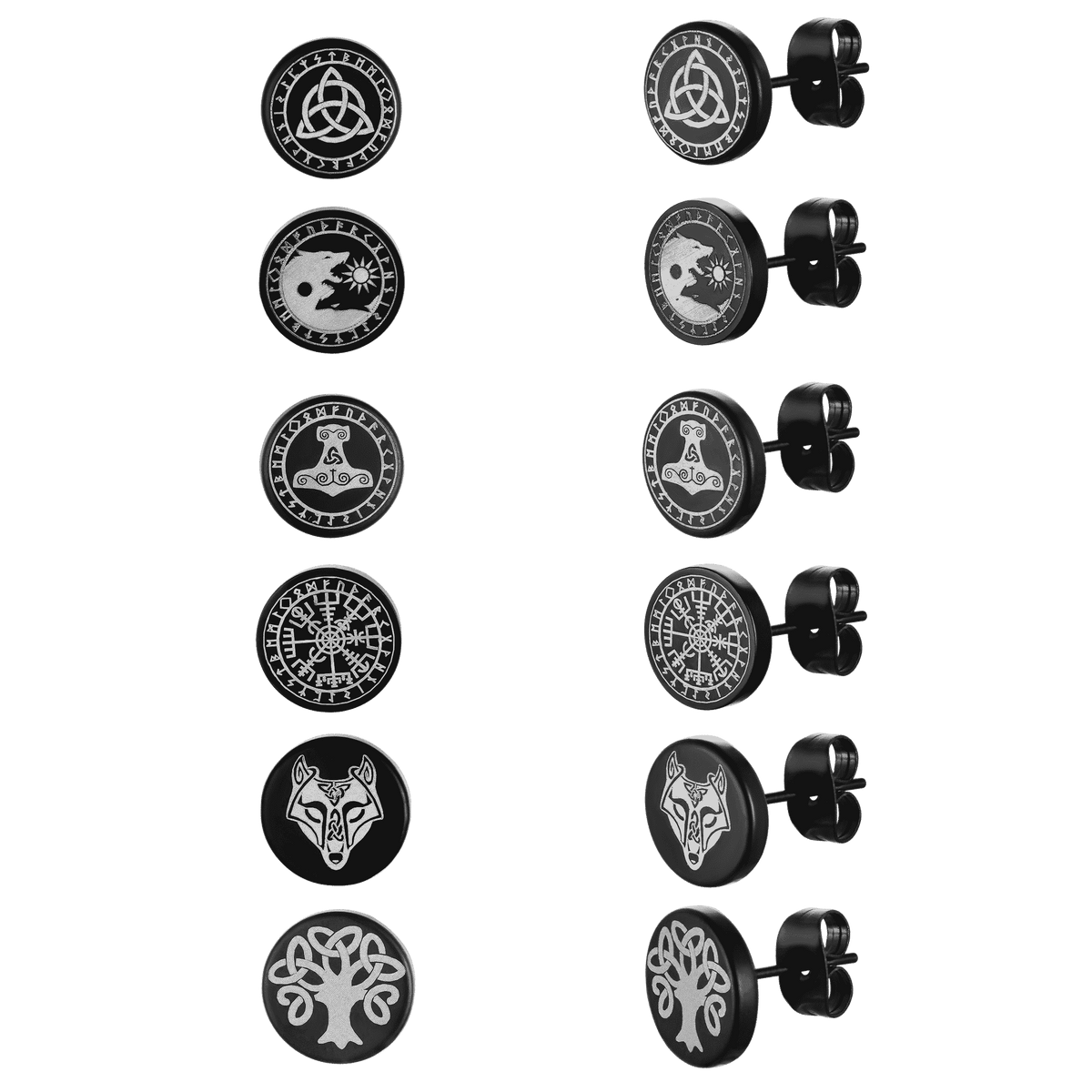 Conjunto de brincos Viking Rune Viking pretos para homens, 6 pares