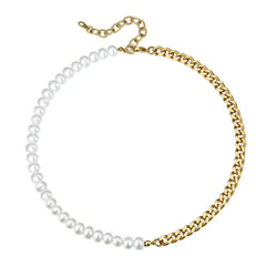 Choker-Halskette mit einer halben 8-mm-weißen Perle und einer halben 7-mm-kubanischen Gliederkette