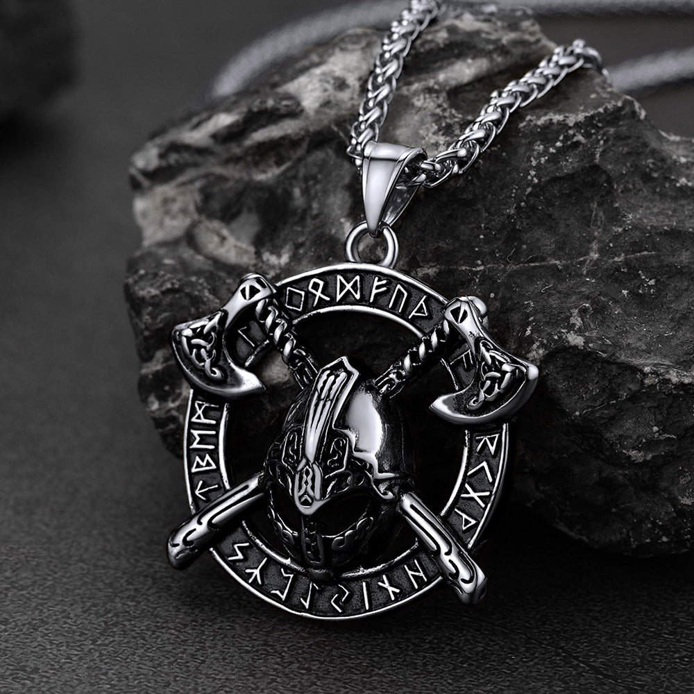 Viking Axe Helmet Pendant Necklace Men Runes