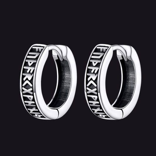 Brincos de argola Huggie com runas Viking de prata esterlina e runas Viking nórdicas