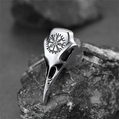 Anel de Caveira de Corvo Viking Bússola Masculino