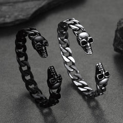 Pulseira de corrente cubana com cabeça de esqueleto e caveira gótica