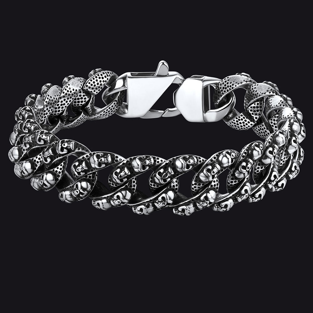 Pulseira de corrente cubana com caveira robusta e pesada, 16 mm de largura